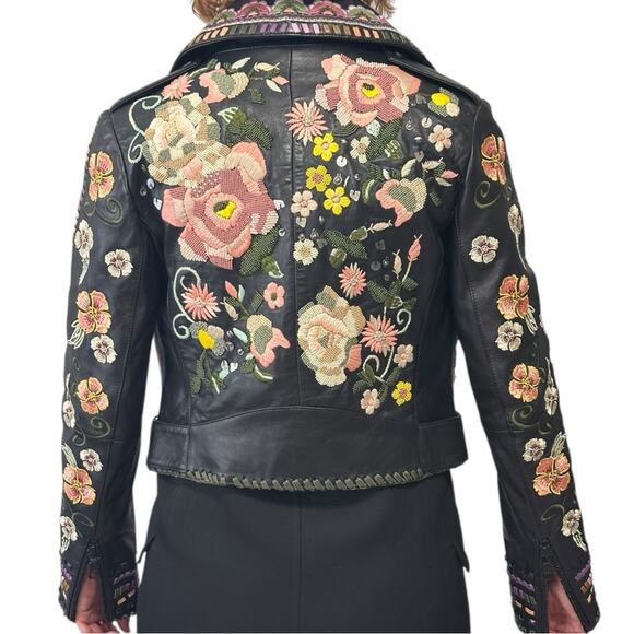 Alice + Olivia Cody Embroidered Leather Jacket size US XS Black Floral Moto - Picture 4 of 16